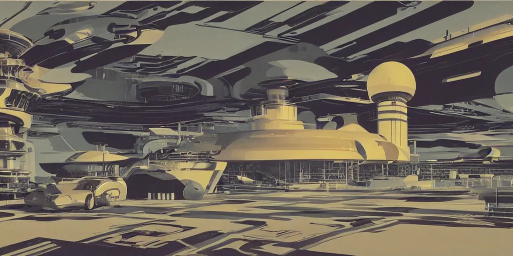 Image similar to retrofuturistic rocket launch base by Syd Mead,