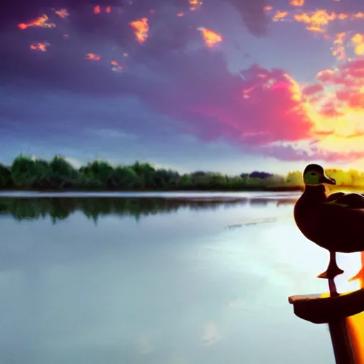 Prompt: a duck who's a photographer, duck is holding a camera, with sunset in the background, animated, digital art