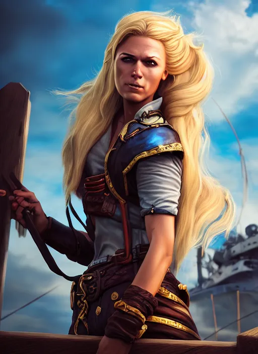 Image similar to An epic fantasy comic book style portrait painting of tall blonde haired female sky-pirate with a serious face and a pony tail in front of a metal gangplank, unreal 5, DAZ, hyperrealistic, octane render, cosplay, RPG portrait, dynamic lighting