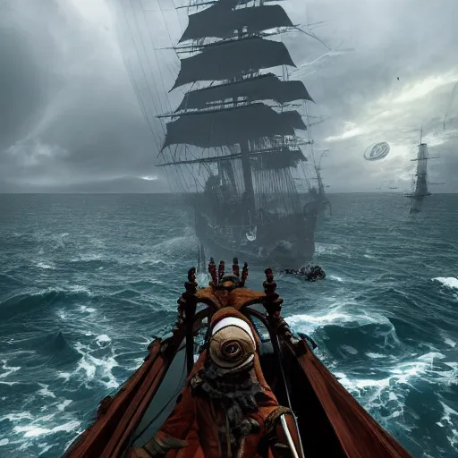 Prompt: pirate captain hunter from bloodborne on a sailing vessel, the view is from behind, bloodborne trick weapons, ocean, dark, stormy, gothic horror, renaissance painting, michelangelo