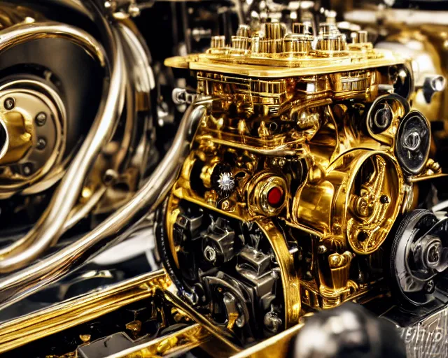 Image similar to 5 0 mm photography of a holy golden car engine mechanism. highly immaculate detailed 8 k. intricate. lifelike. nikon d 8 5 0. tiltshit. motion blur. dof