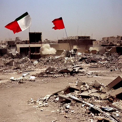 Image similar to iraq in 2 0 0 3 being destroyed by rockets, american flag somewhere »