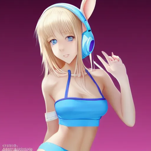 Image similar to full body shot : a very beautiful young blond anime girl with bunny headphones, sky blue eyes,, bikini, miniskirt, highly detailed, cinematic wallpaper by stanley artgerm lau