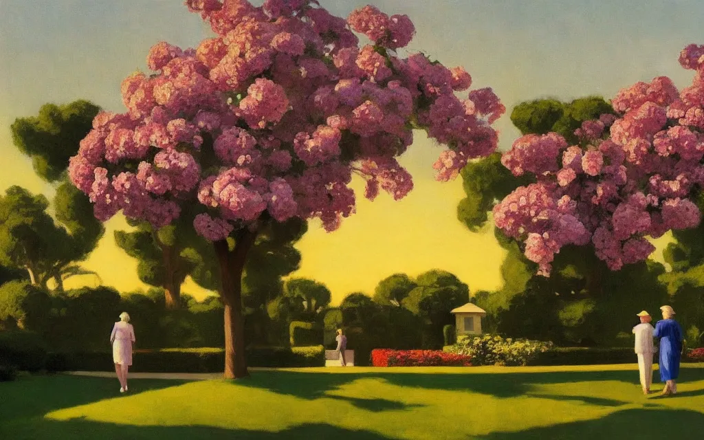 Prompt: an elderly couple walking from behind under an avenue of roses, in the background a small house surrounded by trees and flowers, sunset, highly detailed, cinematic lighting, perfect composition, 4 k, edward hopper