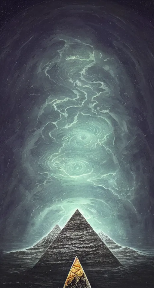 Prompt: black lovecraftian eldritch!! obsidian pyramid!! with a man standing on top of it on calm seas, cosmic space! sky background by eugene von guerard, ivan shishkin, night, cosmic space, concept art, trending on artstation, 8 k
