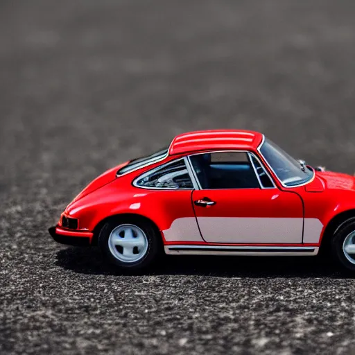 Image similar to close up photo of a small toy porsche 9 1 1 9 6 4 on a road stripe, cinematic, shallow dof, 3 5 mm, 4 k, macro