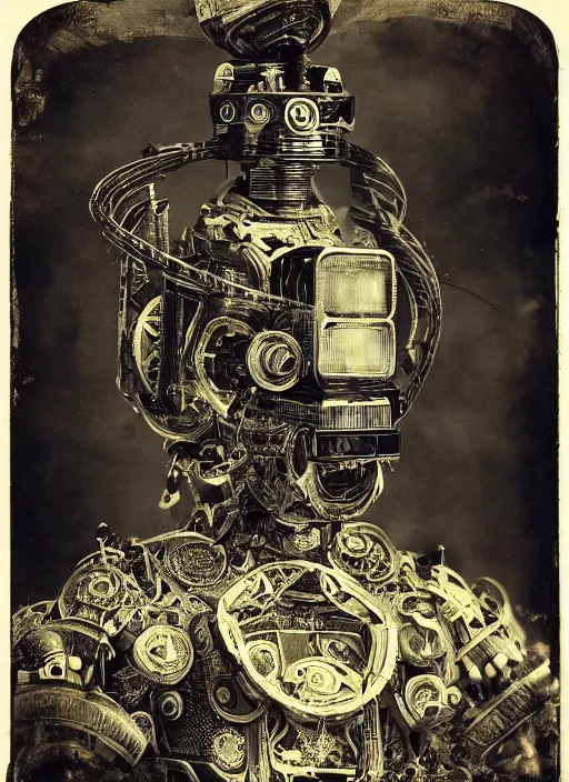 Prompt: old wetplate daguerreotype portrait of futuristic robot, explosion of data fragments, fractal, intricate, elegant, highly detailed, parallax, leica, medium format, subsurface scattering, by jheronimus bosch and greg rutkowski and louis jacques mande daguerre