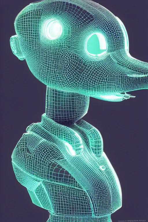 Image similar to robot duck concept portrait, visible screws and wires, 3 d metallic ceramic, detailed, sharp focus, pastel, intricate, realistic, volumetric lighting, digital painting, by miyazaki