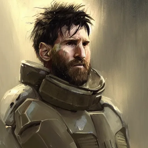 Image similar to portrait of lionel messi by greg rutkowski, space marine commander, messy blond hair, beard, tall and muscular, star wars expanded universe, he is about 3 0 years old, wearing a flying jacket, distrustful and arrogant, highly detailed portrait, digital painting, artstation, concept art, smooth, sharp foccus ilustration, artstation hq