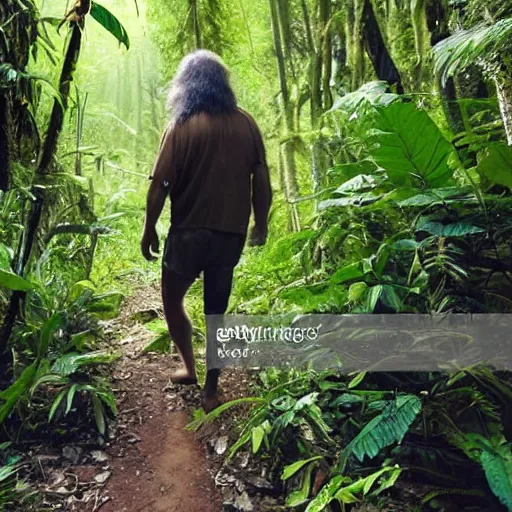 Prompt: cave man that looks like george washington, walking in the jungle, caught on wildlife camera