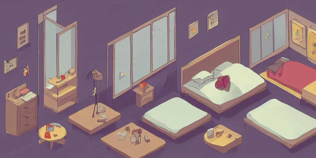 Image similar to isometric anime digital drawing of a comfy bedroom