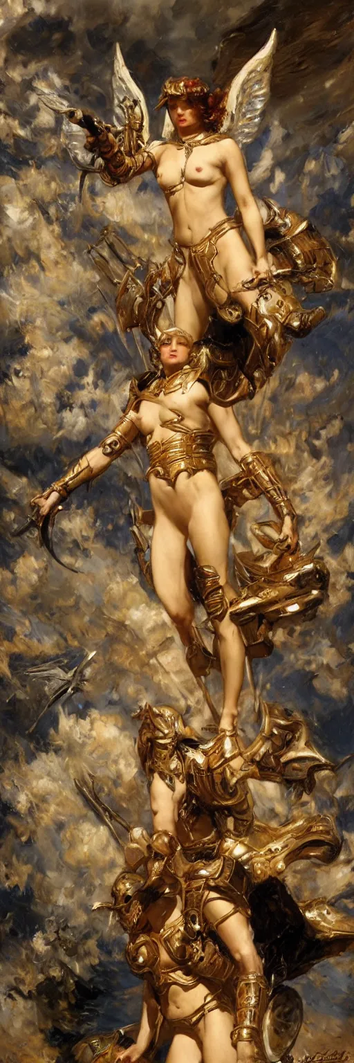 Prompt: a nymph wearing a black armor floating in the sky ready to fight angels, extremely realistic and highly detailed painting by gaston bussiere and j. c. leyendecker 8 k