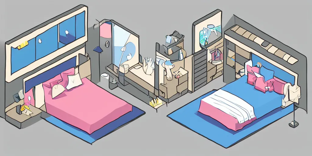 Image similar to isometric anime digital drawing of a comfy bedroom