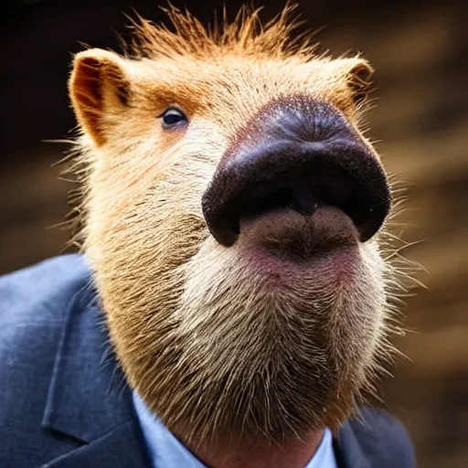 Image similar to capybara head, a man wearing a suit capybara head (smoking cigar)