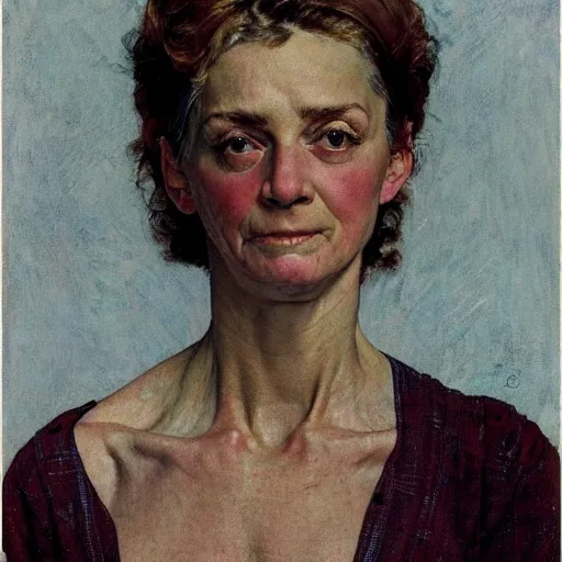 Prompt: A frontal portrait of a delicate, muscular and exhausted woman, by Norman Rockwell.