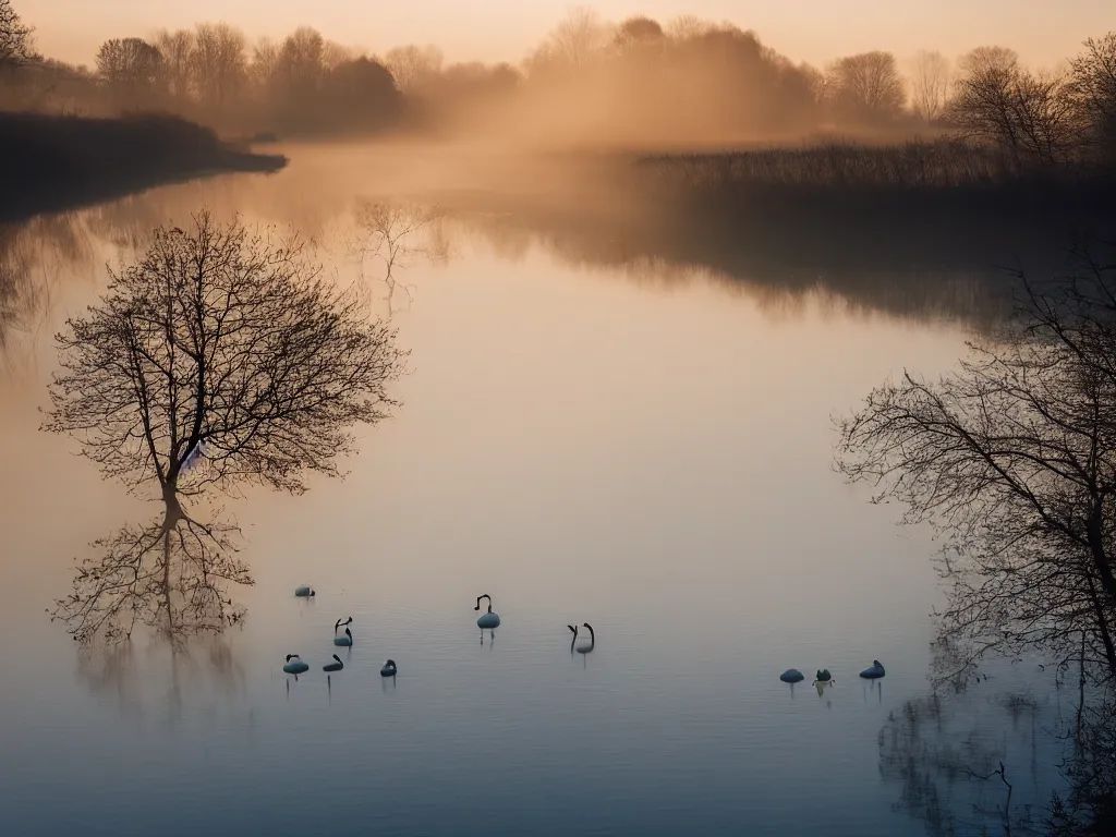 Image similar to A landscape photo taken by Kai Hornung of a river at dawn, misty, early morning sunlight, cold, chilly, two swans swim by, rural, English countryside