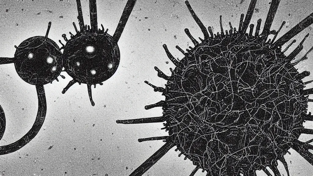 Prompt: a beautiful microscopic scientific photo of a virus and a strange life form seen through an electron microscope, dark, sinister, detailed, art by alan maley