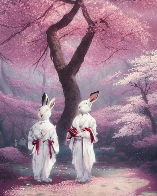 Image similar to ink on paper portrait of two white bunnies in colorfull kimonos in the foreground of a surreal environment with cherry blossoms by greg rutkowski and michael whelan