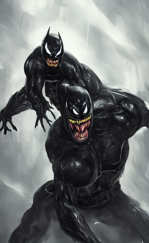 Image similar to venom as batman, dynamic lighting, photorealistic fantasy concept art, trending on art station, stunning visuals, terrifying, creative, cinematic