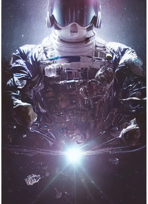 Image similar to astronaut in dark void underwater - complex and hyperdetailed suit. reflection and dispersion materials. rays and dispersion of light. glowing lights. volumetric light. f / 3 2. noise film photo. flash photography. ultra realistic, wide angle. poster by wayne barlowe, hajime sorayama aaron horkey, craig mullins