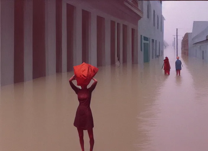 Image similar to woman in vr headset dressed in plastic bags in paper bag over the head on flooded street Edward Hopper and James Gilleard, Zdzislaw Beksinski, highly detailed