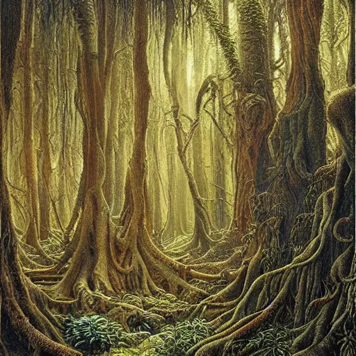 Image similar to a beautiful and highly detailed oil painting of an ancient forest, intricate details, epic scale, insanely complex, 8 k, sharp focus, hyperrealism, fantasy landscape, psychedelic, by caspar friedrich and brian froud,