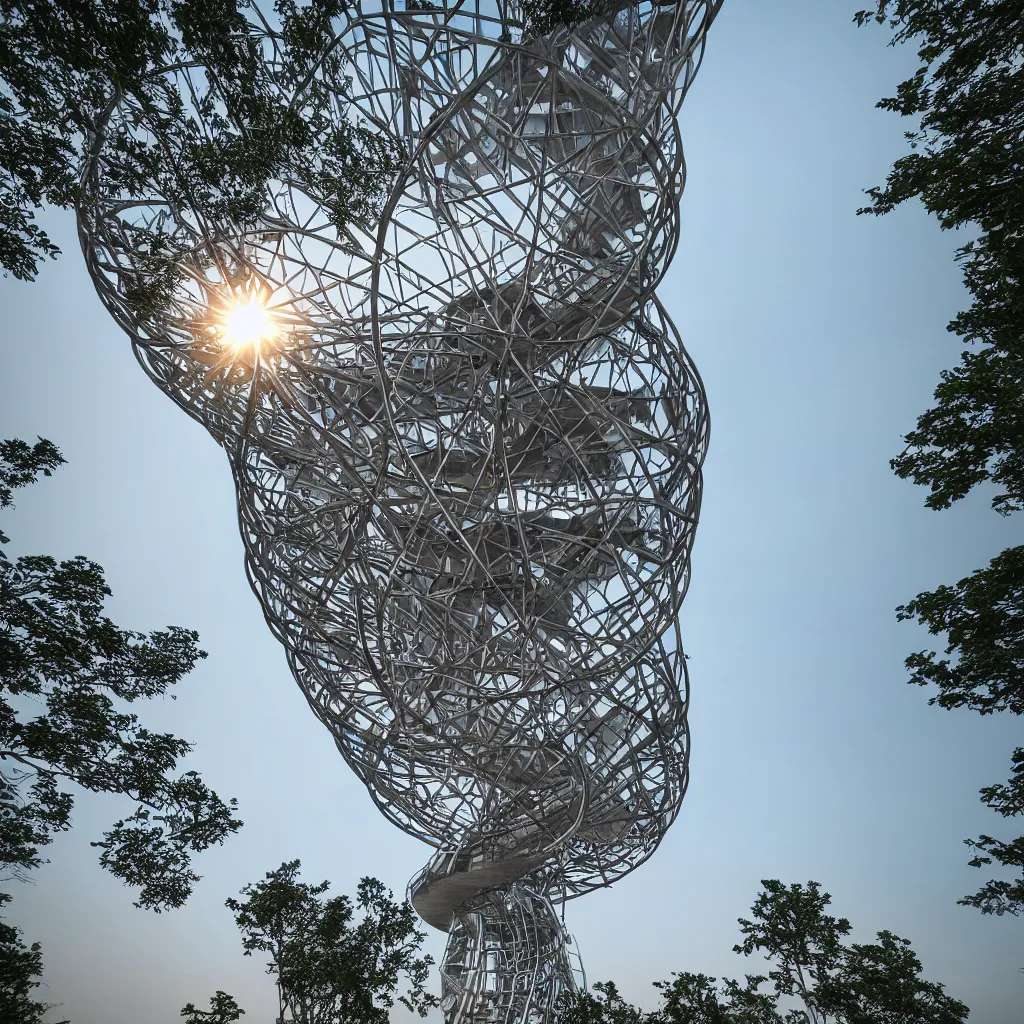 Prompt: hyper realistic, very high helix shaped observation tower made by metal in forest, wide angle shot, future design, extremely realistic, architecture design, parametric architecture, environment, sunset, foggy, cinematography, mega scans, cinematic, hyper realistic, photo real, cinematic composition, highly detailed,