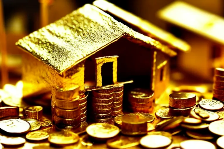 Image similar to a house, made of gold, under construction, with builders, with piles of coins around it