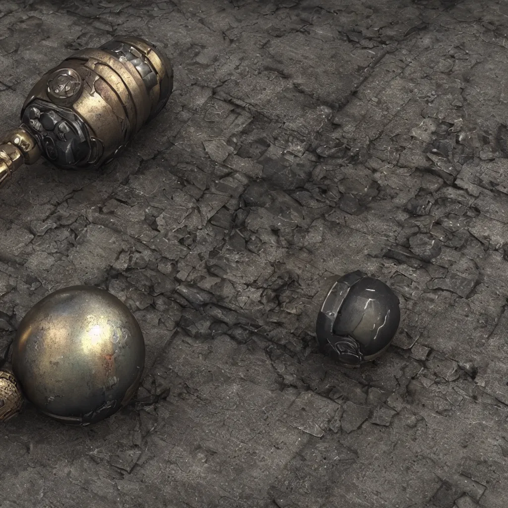 Image similar to a cyberpunk energy grenade, photo realistic weathered materials, highly detailed, octane render