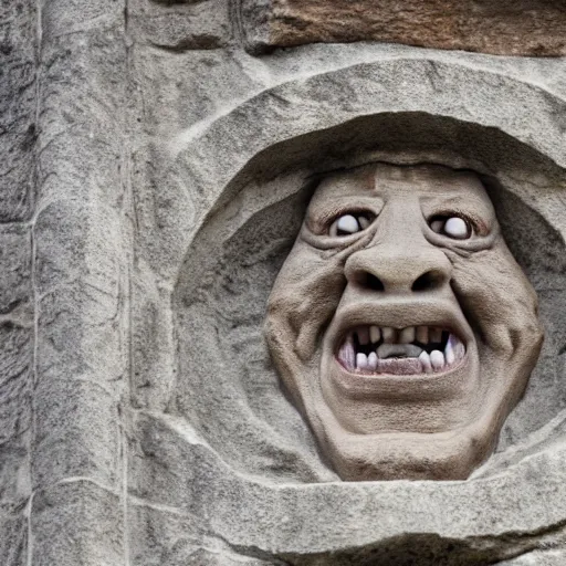 Image similar to dwayne the rock johnson as a grotesque medieval gargoyle, detailed stone texture 4 k photo