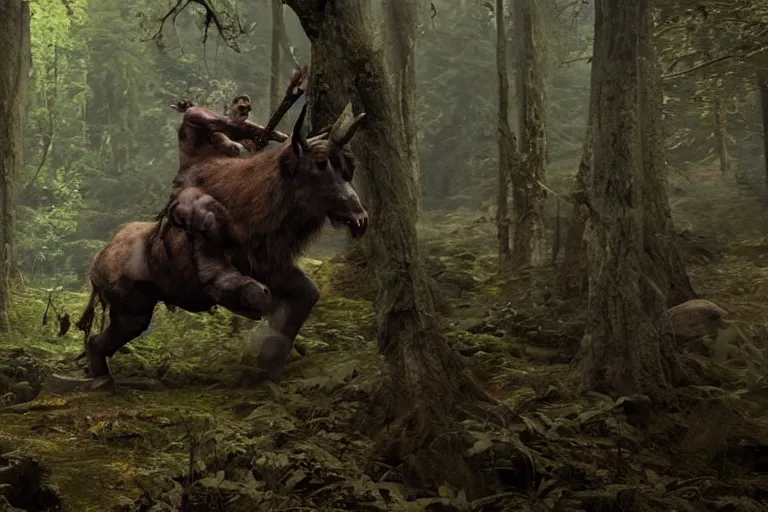 Image similar to vfx movie closeup detailed ancient warrior orc hunting elk in the forest, natural lighting by emmanuel lubezki