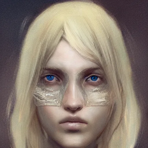 Image similar to blonde haired girl wearing a digital mask, digital art, pretty face, very beautiful face, very detailed eyes, ultra detailed, by wlop, greg rutkowski,