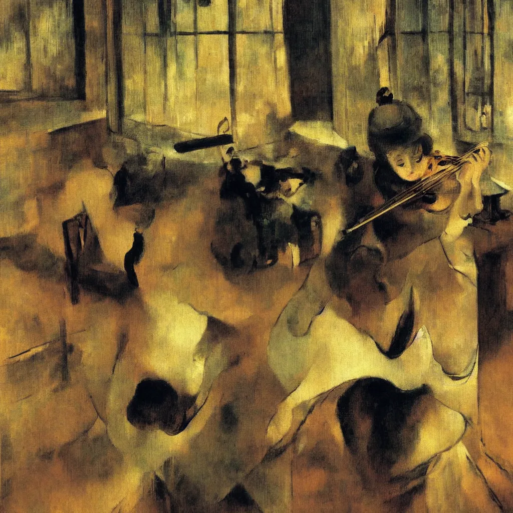 Image similar to impressionistic painting of a woman playing a violin in a dark bedroom as city lights stream through the window, painting style by salvador dali and degas and manet