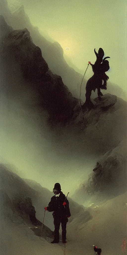 Prompt: the devil with black fur and a hiking stick by Ivan Aivazovsky