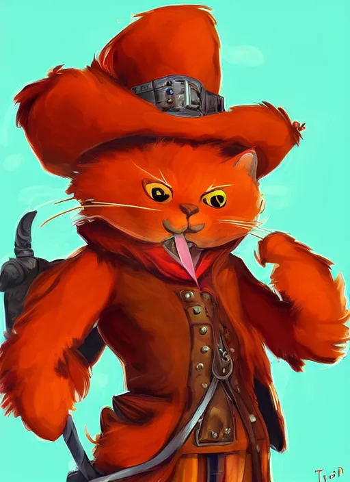 Prompt: digital art of an anthropomorphic orange cat with a red pirate coat and a tricorne hat, smug but playful, realistic, artstation, art by tyler jacobson, highly detailed, colorful, dramatic