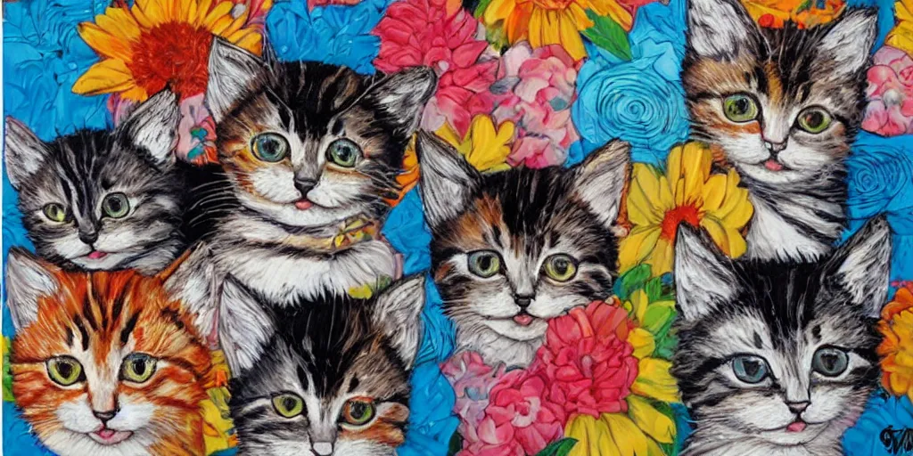 Prompt: a group of kitten by Sandra Chevrier, colorful geometric pattern, flowers