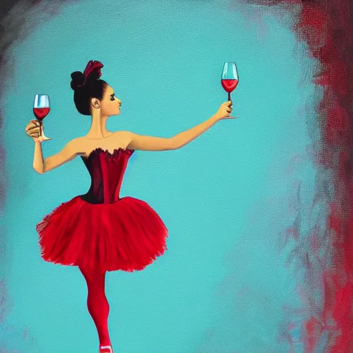 Prompt: painting of a ballerina holding wine in a teal room over a red background