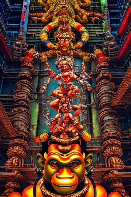 Image similar to high quality photo neo - rococo cyberpunk hanuman! head building, neon madhubani, highly detailed, in sci - fi mumbai, cinematic smooth, lee madgwick & liam wong, moody light, low angle, uhd 8 k, sharp focus