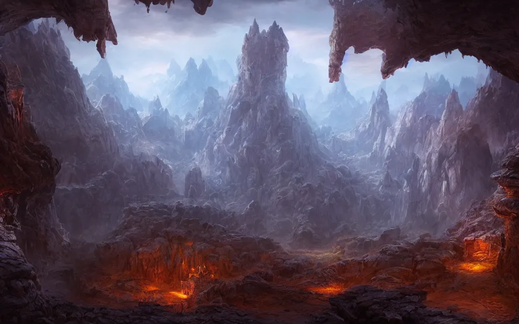 Prompt: a beautiful hyper realistic detailed matte painting of the entrance to a dungeon of the gods at the base of an ancient mountain, dramatic lighting, dynamic cinematic lighting, lit by morning light, by finnian macmanus and jessica rossier, unreal engine, featured on art station, ultrawide angle, f 8, polarizer filter : 1 0