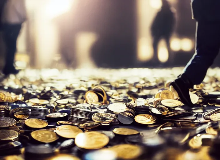 Image similar to a 3 5 mm photo from the back of a man walking over piles of coins, splash art, movie still, bokeh, canon 5 0 mm, cinematic lighting, dramatic, film, photography, golden hour, depth of field, award - winning, anamorphic lens flare, 8 k, hyper detailed, 3 5 mm film grain
