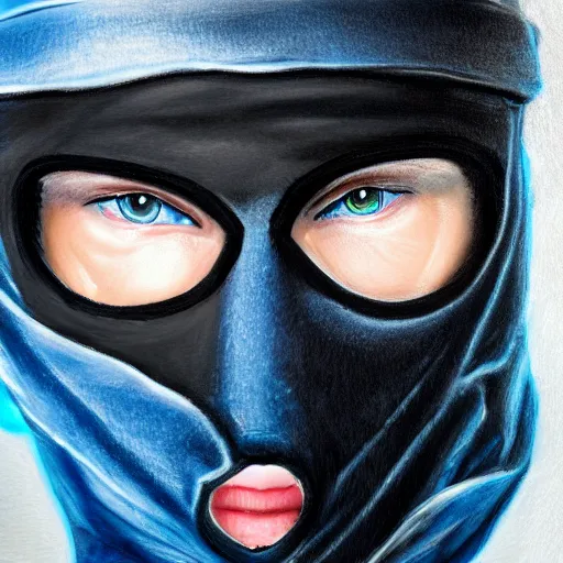 Prompt: a detailed portrait of a man wearing a black ski mask, blue eyes, art illustration, incredibly highly detailed and realistic, 8 k, sharp focus