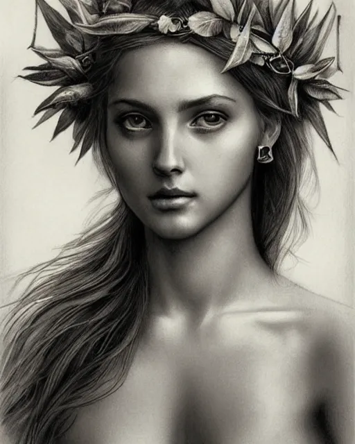 Image similar to pencil drawing of a beautiful greek goddess aphrodite wearing a laurel wreath and arrowhead earrings, beautiful confident and piercing eyes, beautiful flowing hair, hyper realistic face, in the style of greg rutkowski, fantasy, amazing detail, epic, elegant, smooth, sharp focus, from the front