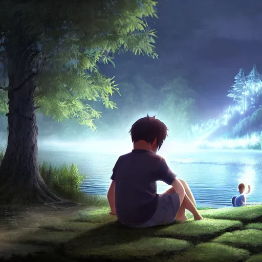 Image similar to a silver dragon and a boy sitting together next to a lake watching firefly at night in forest, concept art, dof, cryengine, digital art, detailed background, makoto shinkai