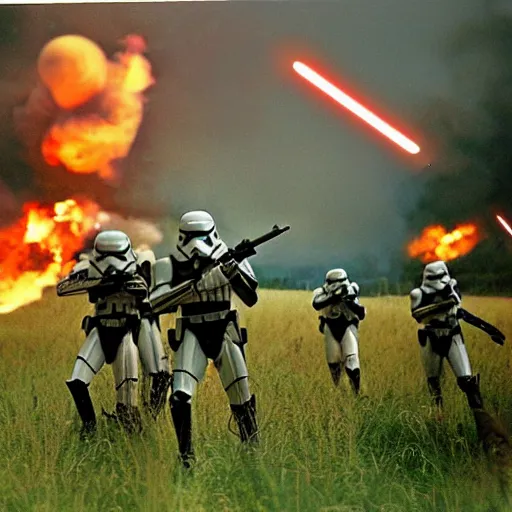 Prompt: star wars clone troopers combat soldiers in vietnam, photo, old picture, lush landscape, field, firearms, explosions, x - wings, aerial combat, active battle zone, flamethrower, battle droids, jedi, land mines, gunfire, violent, star destroyers, star wars lasers, sci - fi, jetpacks, agent orange, bomber planes, trench warfare