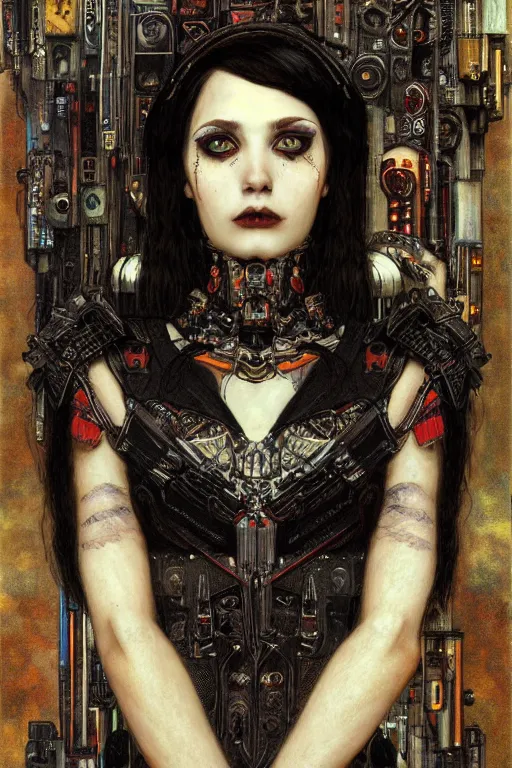 Image similar to portrait of beautiful young gothic maiden, cyberpunk, Warhammer, highly detailed, artstation, illustration, art by Gustav Klimt