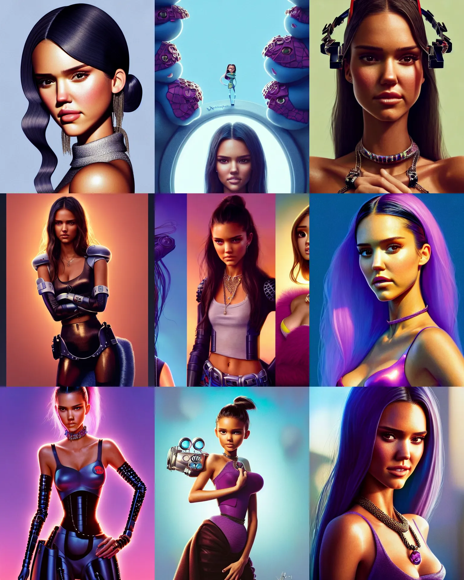 Prompt: disney pixar portrait 8 k photo of jessica alba, kendall jenner, madison beer, adriana lima, ariana grande, wearing elaborate jewelry : : as streetwear cyborg hot woman by pixar : : by weta, greg rutkowski, wlop, ilya kuvshinov, rossdraws, artgerm, annie leibovitz, rave, unreal engine, alphonse mucha : :