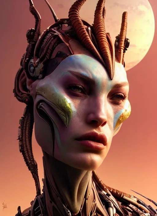 Image similar to asymmetrical!! portrait of an alien with parts of other aliens forming its face in the style of, machine face, intricate, elegant, highly detailed, digital painting, artstation, concept art, smooth, sharp focus, illustration, art by artgerm and greg rutkowski and alphonse mucha, horizon zero dawn 8 k