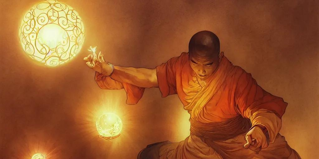 Image similar to shaolin monk holding an orb of light. fantasy, digital painting, 8 k, highly detailed. realistic award, disney concept art watercolor illustration by mandy jurgens, alphonse mucha and alena aenami