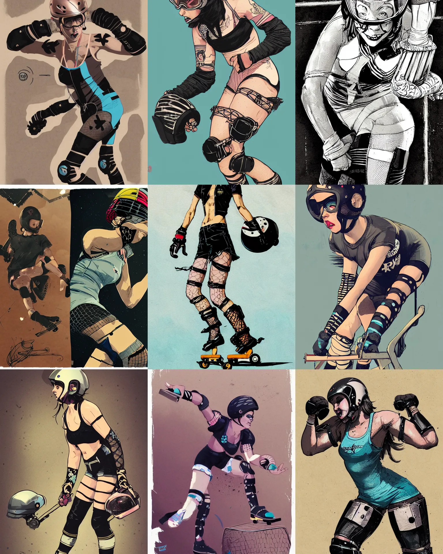 Prompt: roller derby girl doing Cross-Over, wearing skate helmet, knee pads, elbow pads, fishnet tights, showing off biceps, illustration by greg rutkowski and mcbess, award winning