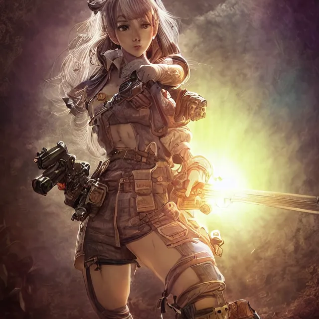 Image similar to the portrait of lawful neutral semi - colorful female infantry gunner as absurdly beautiful, gorgeous, elegant, young gravure idol, an ultrafine hyperdetailed illustration by kim jung gi, irakli nadar, intricate linework, bright colors, octopath traveler, final fantasy, unreal engine 5 highly rendered, global illumination, radiant light, detailed and intricate environment